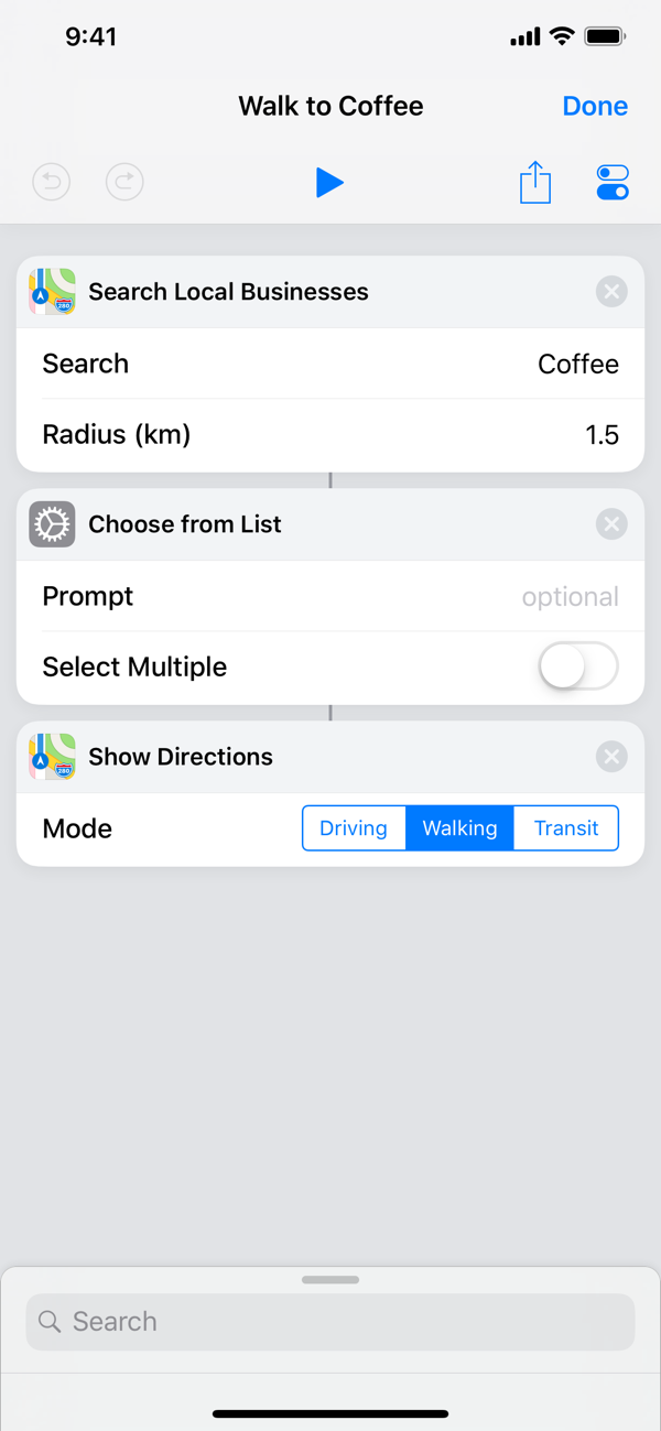 Shortcuts app, 'Edit' view on iOS 13